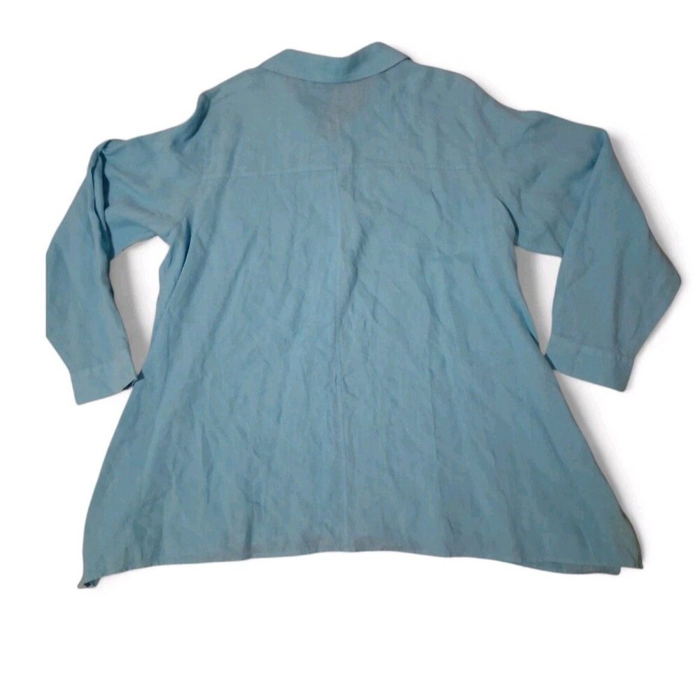 Eileen Fisher Teal Button-Down Linen Shirt - Picture 4 of 8